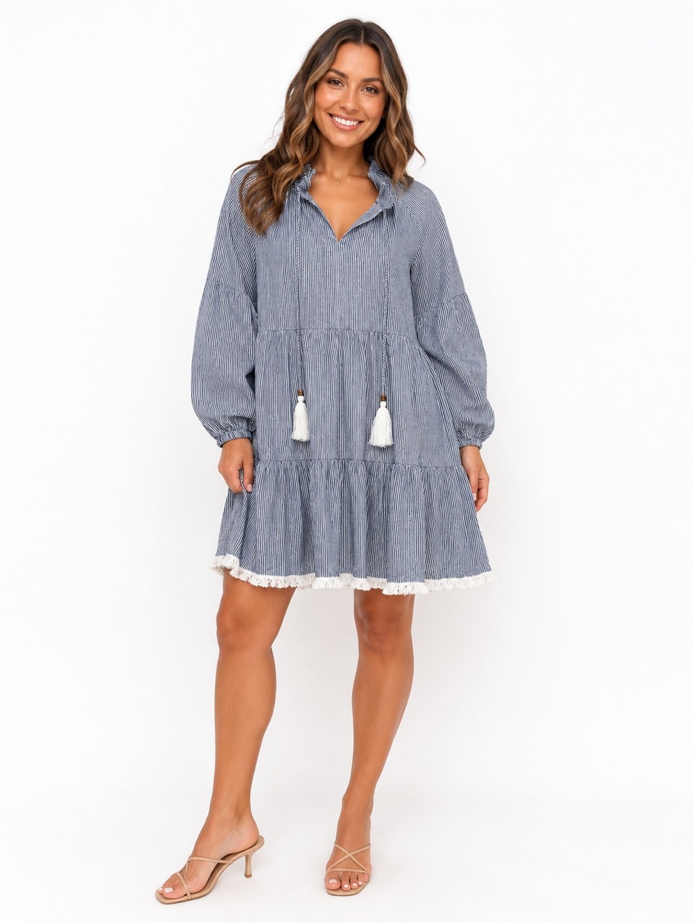 Cynthia Rowley Women's Blue Stripe Tiered Dress with Tassels